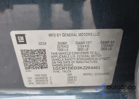 2019 Chevrolet Silverado 1500 Lt z USA, uszkodzony, nr VIN 1GCRYDED3KZ264461